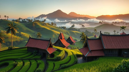 Rice terraces at sunset. Rice fields on terraced landscapeの写真素材