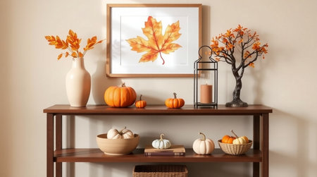 Autumn composition with pumpkins and leaves on wooden shelf in room