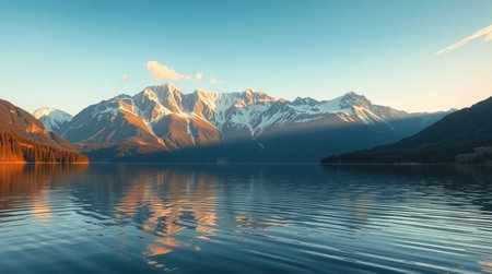 Beautiful alpine lake with reflection of mountains and blue sky.の写真素材