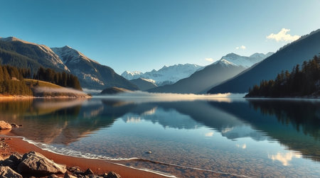 Mountain lake with reflection of snow-capped peaks and blue sky
