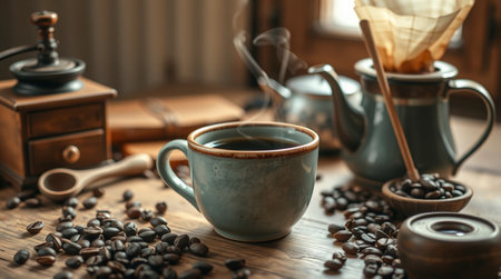 Coffee in a cup and coffee beans on a wooden tableの写真素材