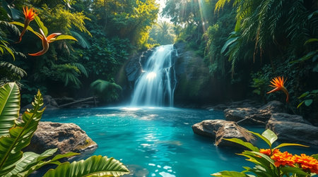 Beautiful waterfall in tropical rainforest. Panoramic view.