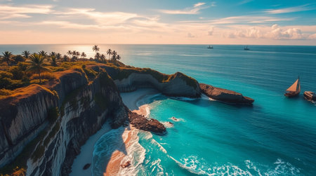 Aerial view of beautiful beach at sunset, Bali island, Indonesiaの写真素材