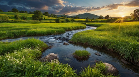 Beautiful landscape of rice field and river in the morning at sunsetの写真素材
