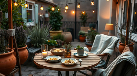 Cafe terrace with table, chairs, candles and food on itの写真素材