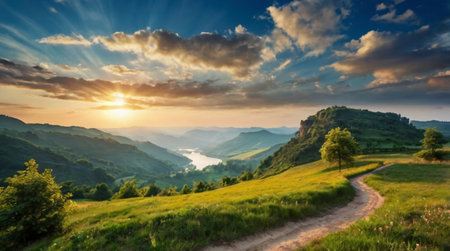 Majestic sunset in the mountains landscape. Panoramic view.の写真素材