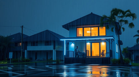 Night view of a modern villa on a rainy day with palm treesの写真素材