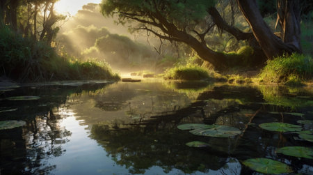 Sunrise in the forest with the river and old oak trees.