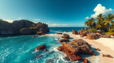Panorama of Seychelles beach with palm trees and rocksの写真素材