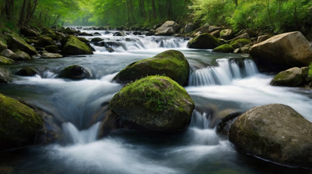 Long exposure of a river flowing through a green forest in springtime