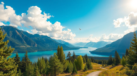 Panoramic view of a lake surrounded by mountainsの写真素材