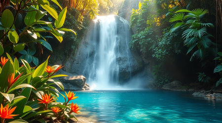 Tropical waterfall in the jungle. Beautiful waterfall in the tropics.