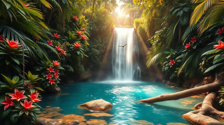 Beautiful waterfall in tropical garden. 3d render. Nature backgroundの写真素材