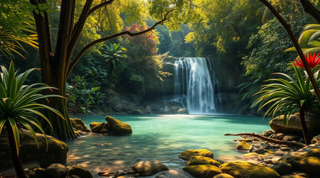 Beautiful waterfall in the tropical forest. Beautiful landscape of waterfall in the jungle.