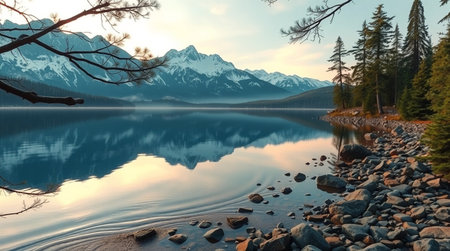 Mountain lake at sunset with reflection in the water. 3d rendering