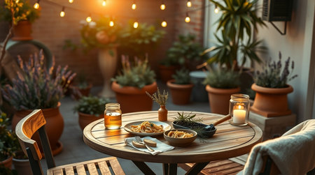 Wooden table with bottles of aromatic oil and pasta on terraceの写真素材