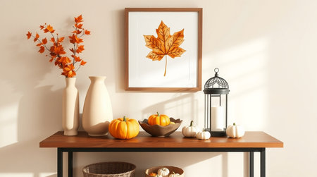 Wooden shelf with autumn leaves, pumpkins and candlestick in interior