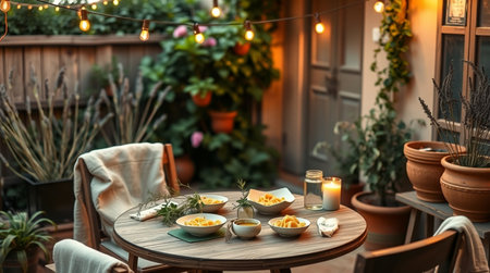 Table in a cozy terrace with crockery and flowers.の写真素材