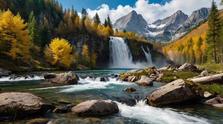 Panoramic view of the waterfall in the mountains. Autumn landscape.