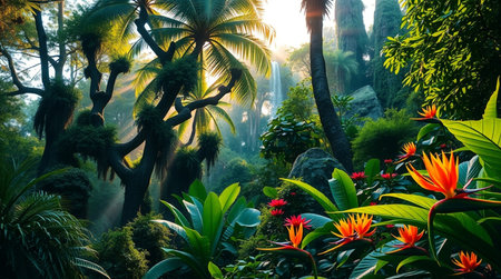 Beautiful tropical garden in the morning light with palm trees and flowersの写真素材