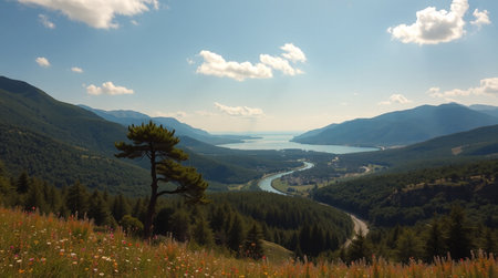 Mountain landscape with lake and pine trees, Carpathians, Ukraineの写真素材