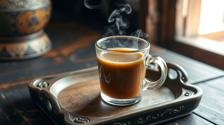 Coffee in a glass cup on a wooden tray with steam.の写真素材