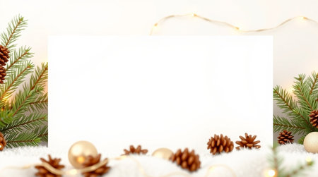 Christmas greeting card mockup with fir tree branches, golden balls and garland lights on white snow.の写真素材