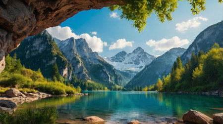 Panoramic view of alpine lake with crystal clear turquoise water and mountains in background