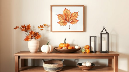 Autumn composition with pumpkins and autumn leaves on a wooden shelf. 3d rendering