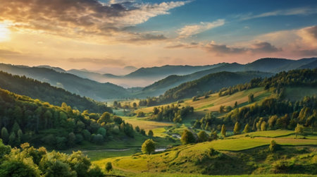 Mountain landscape with meadow and forest at sunset. Carpathian, Ukraine