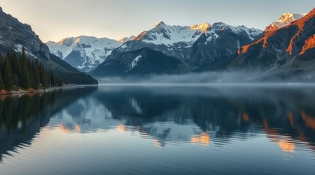 Mountain lake with snow-capped peaks reflected in the calm water