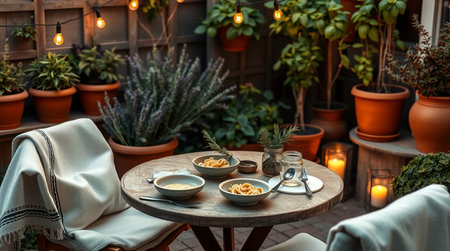 Coffee terrace with crockery and coffee table.