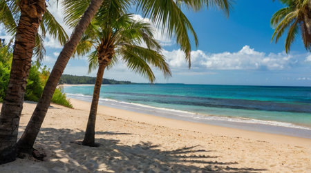 Paradise beach with palm trees at Seychelles, Mahe