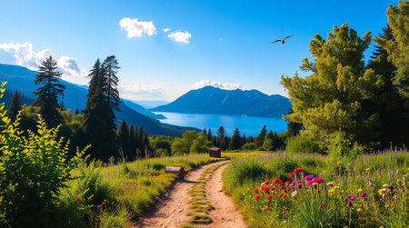 Panoramic view of the lake and mountains in the background.の写真素材