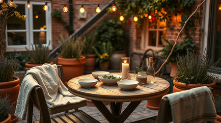 Interior of cozy terrace with wooden table, chairs and candlesの写真素材