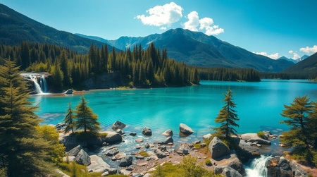 Panoramic view of beautiful turquoise lake in Canadian Rockiesの写真素材