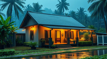 Thai house in the rain at night, Bangkok, Thailand.の写真素材