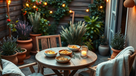 Cereals on a wooden table in a cozy terrace of the houseの写真素材
