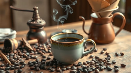 Cup of coffee on wooden table with coffee beans, closeup