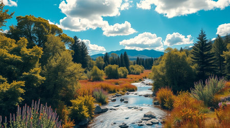 Panoramic view of a mountain stream in the autumn season.の写真素材