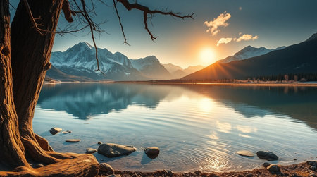 Mountain lake at sunset. Landscape with mountains and sky.