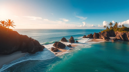 Aerial view of beautiful beach and sea with coconut palm tree at sunset timeの写真素材
