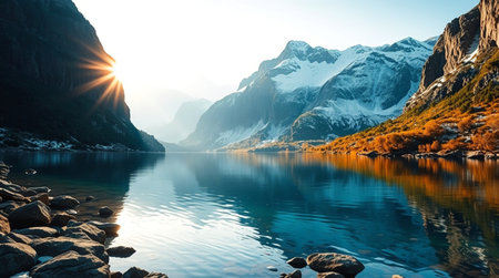 Mountain lake at sunset. Beautiful natural landscape.の写真素材