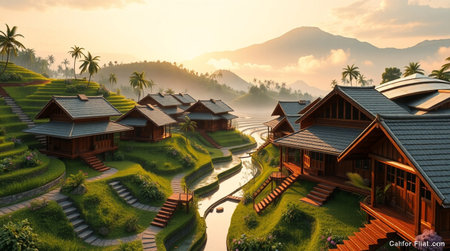 3d rendering of wooden house on rice terrace in the morning