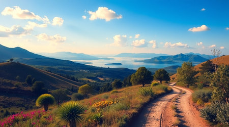 Dirt road in the mountains. Panoramic view of Lake Balaton, Hungaryの写真素材