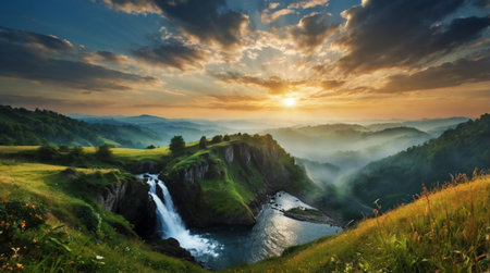 Beautiful summer landscape with a waterfall on the hillside at sunset