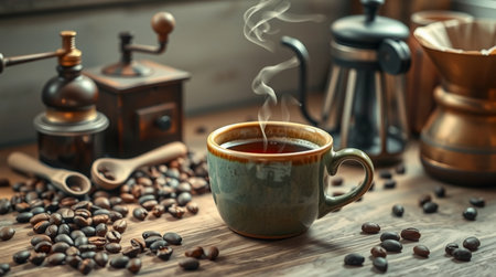 Coffee in a cup and saucer on a wooden backgroundの写真素材