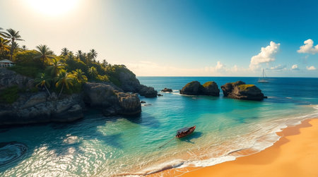 Panoramic view of tropical beach with palm trees and blue sky