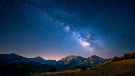 Milky way over the mountains at night. Starry sky and milky way