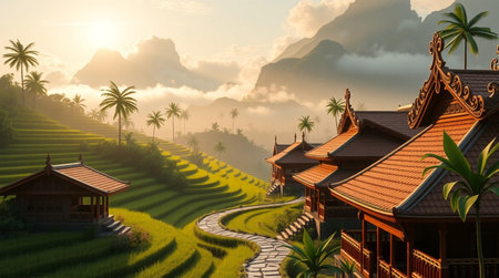 Rice terraces in Bali, Indonesia. 3D renderingの写真素材